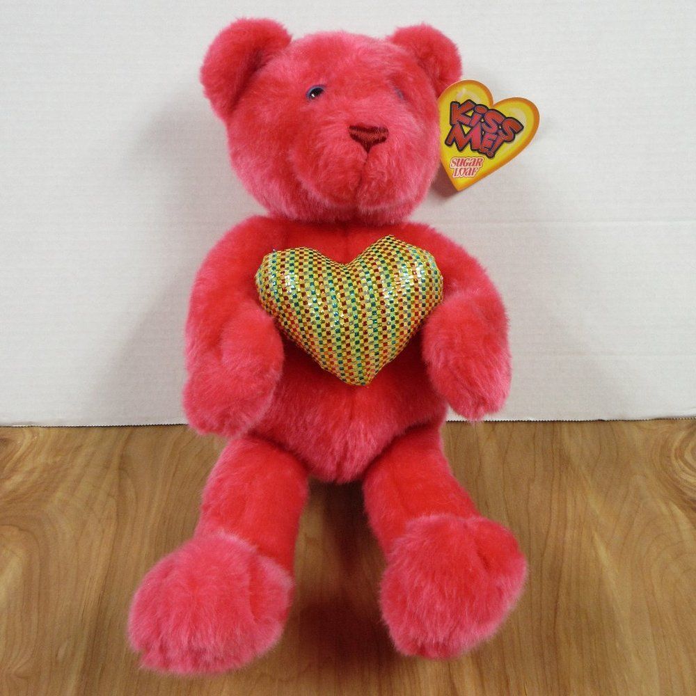 SUGAR LOAF TOYS Fuchsia‎ Pink Classic Teddy Bear Kiss Me Plush Plaid Heart 18"